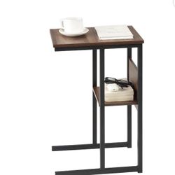 Huisenitre C- Shaped End Table for Couch,Sofa,and Bed,25.59"H x 15.75" W x 11.81" D Metal Side Table , Walnut Brown