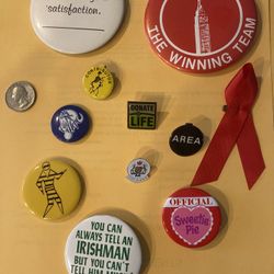 11 Novelty Pins And Buttons Lot