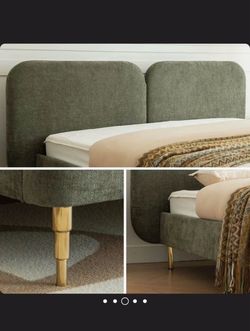Mercer41 Willma King Upholstered Platform Bed — Green, Gold Legs