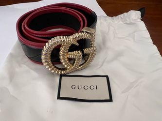 Authentic Gucci Double GG Marmont Diagonal Torchon Leather Belt Bkack/Red