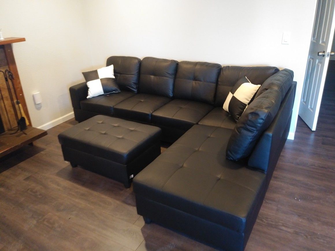 New Black Faux Leather Sectional