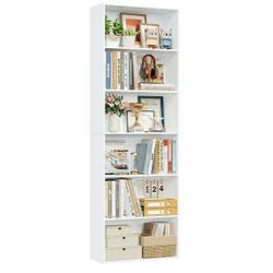 6 Tier Tall Bookshelf and Bookcase, Wooden Bookcase Display Shelf, White.