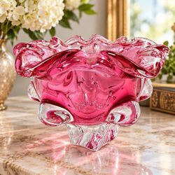 Vintage Josef Hospodka Chribska Cranberry Pink Ruffled Bohemian Art Glass Bowl