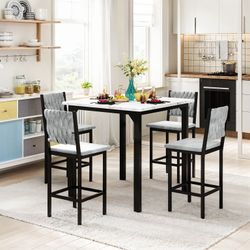 5 Piece Dining Table Set High Top Dining Table Set for 4 Counter Height Small Kitchen Table With 4 Velvet Upholstered Chairs, Wood Small Dining Set fo