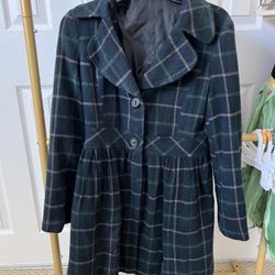 Women’s Blue Gree Plaid Soft Peacoat Overcoat Small