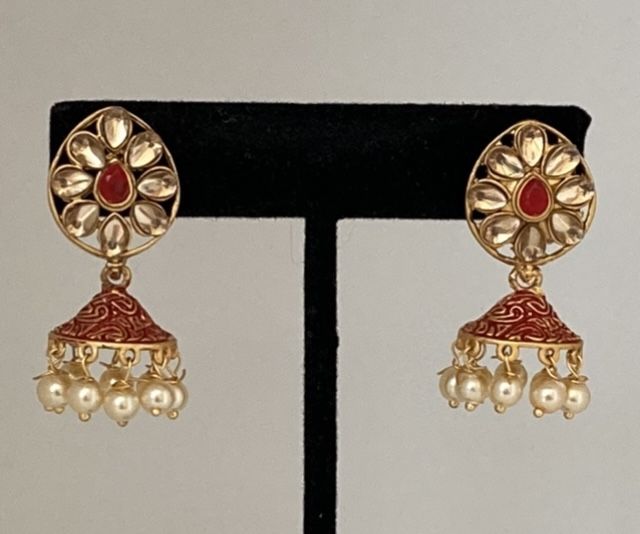 Cute Meenakari Jhumki Earrings With Glass Stones And Faux Pearl Beads
