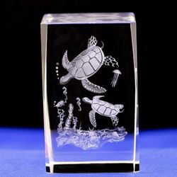 Crystal Glass Sea Turtle Figurine - 3D Laser Etched Ornament, Sculpture, and Statue - Animal Crystal Glass Cube Engraving With Gift Box (30x30x40mm)
