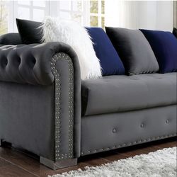 Grey Velvet Button Turfed Sectional Pillows Included Nailhead Trim Accents Chrome Legs Brand New In Box Firm Price $1,380