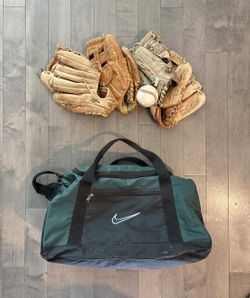 Baseball Glove Lot (4 Leather Gloves + Ball) + Dark Green Nike Duffle Bag