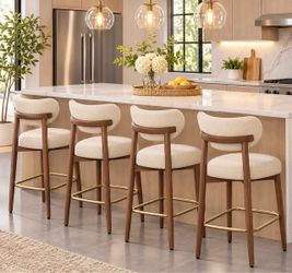 Wooden Bar Stools Set of 4, Synthetic Leather, Ink Black Mid Century Modern, Synthetic Leather, Solid Wood Legs, Ergonomic Backrest, Ink Black, MAZIE