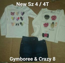 New Girls Sz 4 4T clothing lot by Gymboree & Crazy 8 - 2 tops, hair clip & denim skirt nwt