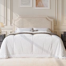 Queen Size Bed Frame, Upholstered Platform Bed with Streamlined Adjustable Headboard, No Box Spring Required, Beige, Chenille Fabric