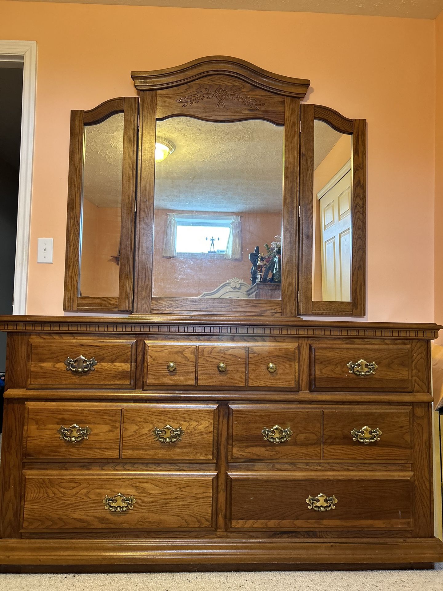 Solid Oak Bedroom Dresser with Mirror