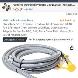 Blackstone 5019 Propane to Natural Gas Conversion Kit 10 ft. x 3/8" Hose, 7mm Wrench, 2 Orifices, Quick Connect Adapter Perfect for BBQ, Grill, Pizza 