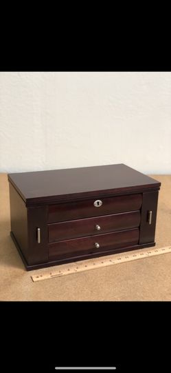 BRAND NEW DARK CHERRY CHESTNUT JEWELRY BOX WITH DRAWERS - LARGE, OPEN BOX