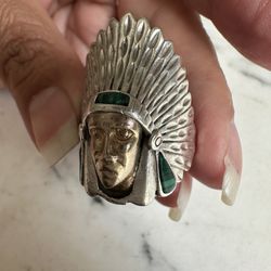 Vintage 925 Sterling Silver W/ Malachite Native Am. Indian Chief Ring Size 14 , 