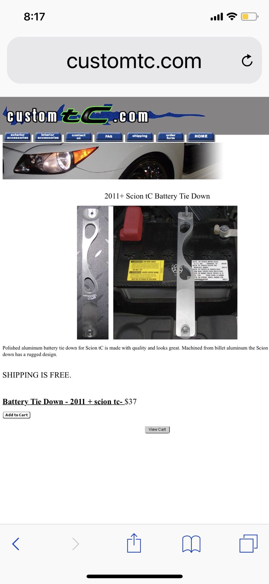 2011 Scion TC Battery tie down Billet