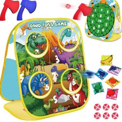 Brandnew 3-in-1 Feed Dinosaur Toss Games for Kids with 6 Fruit Bean Bags, 2 Throwing Axes, 6 Sticky Balls, Outdoor Toddlers Toys for 2 3 4 5 Boy Gifts