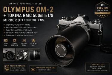 Olympus OM-2, Tokina 500mm Lens, Leather Case, Working/Tested/Recently CLA'D 35mm Film SLR Camera w/ internal Light Meter, Flashable, Program, AUTO/Ma