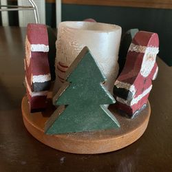 Vintage Wooden Handmade Santa And Trees Candle Holder 