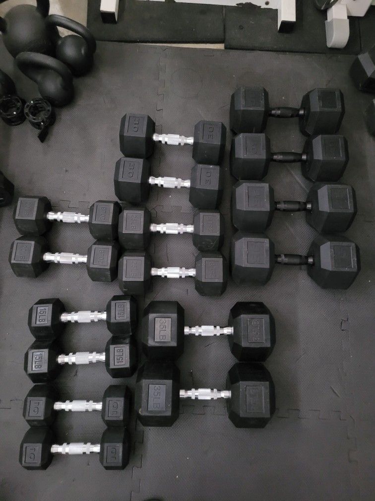 Rubber Coated Hex Dumbbells (2x10Lbs,2x15Lbs,2x20Lbs,2x25Lbs,2x30Lbs,2x35Lbs,2x40Lbs,2x45Lbs) for $460 Firm (Walnut 91789)