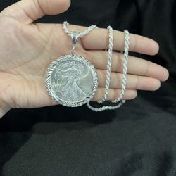 925 STERLING SILVER BEZEL American Eagle 1 OZ 999 CENTENARIO Pendant Rope Chain