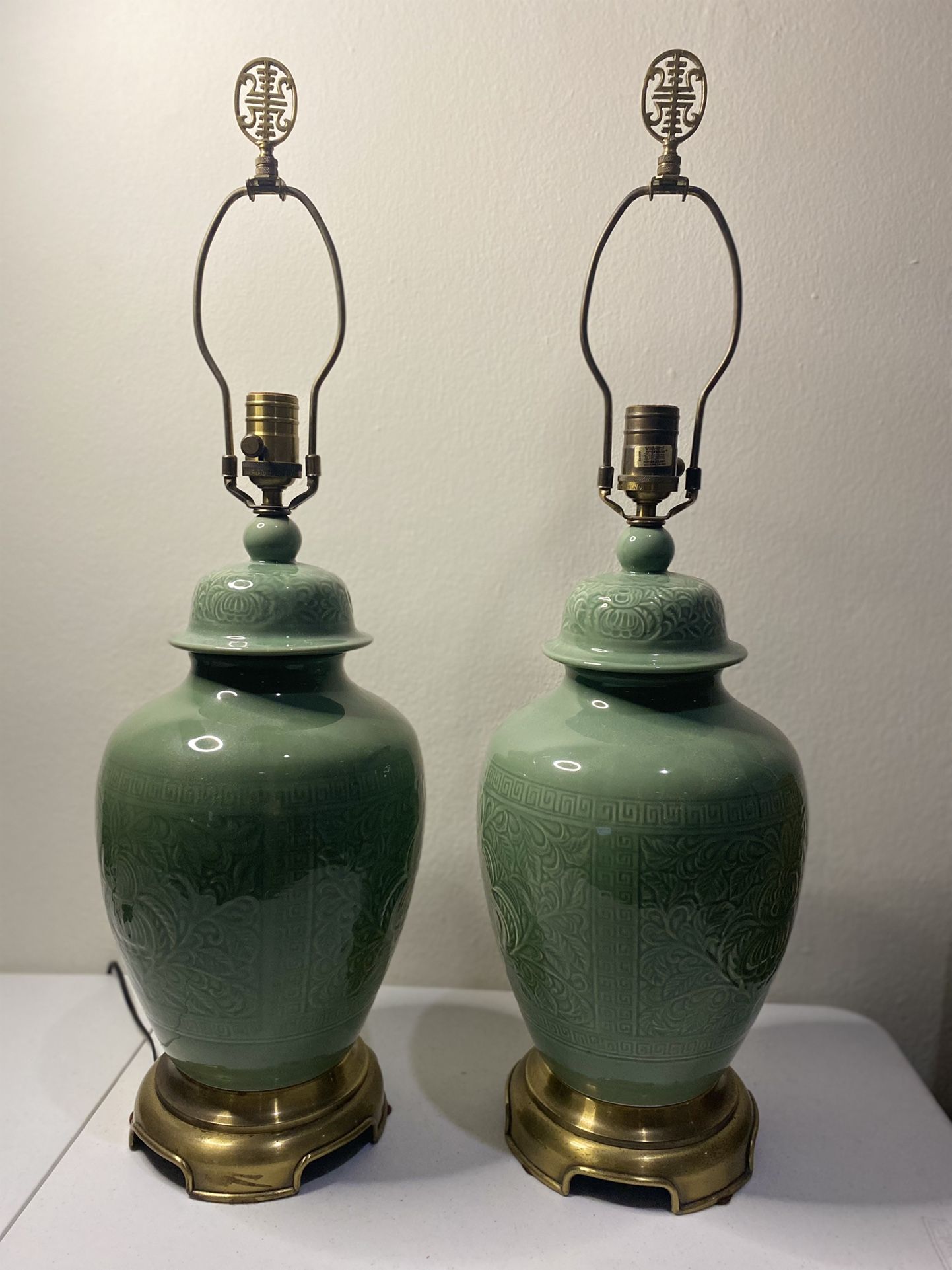 Vintage Chinoiserie Green Ginger Jar Lamps W/ Brass Bases