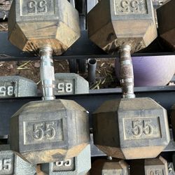55lb Hex Rubber Dumbbell Set Weights 