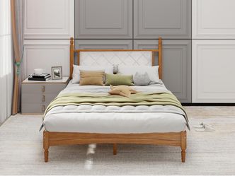 Queen Bed Frame with Fabric Upholstered Headboard, Solid Rubber Wood Foundation , Rustic Oak