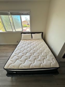 Queen Bed Full Set - Like New - Mattress, Frame, Pillows & Comforter