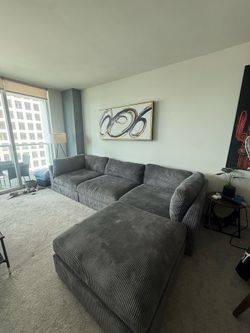 Large Gray Corduroy Sectional Sofa w/ Chaise – Excellent Condition