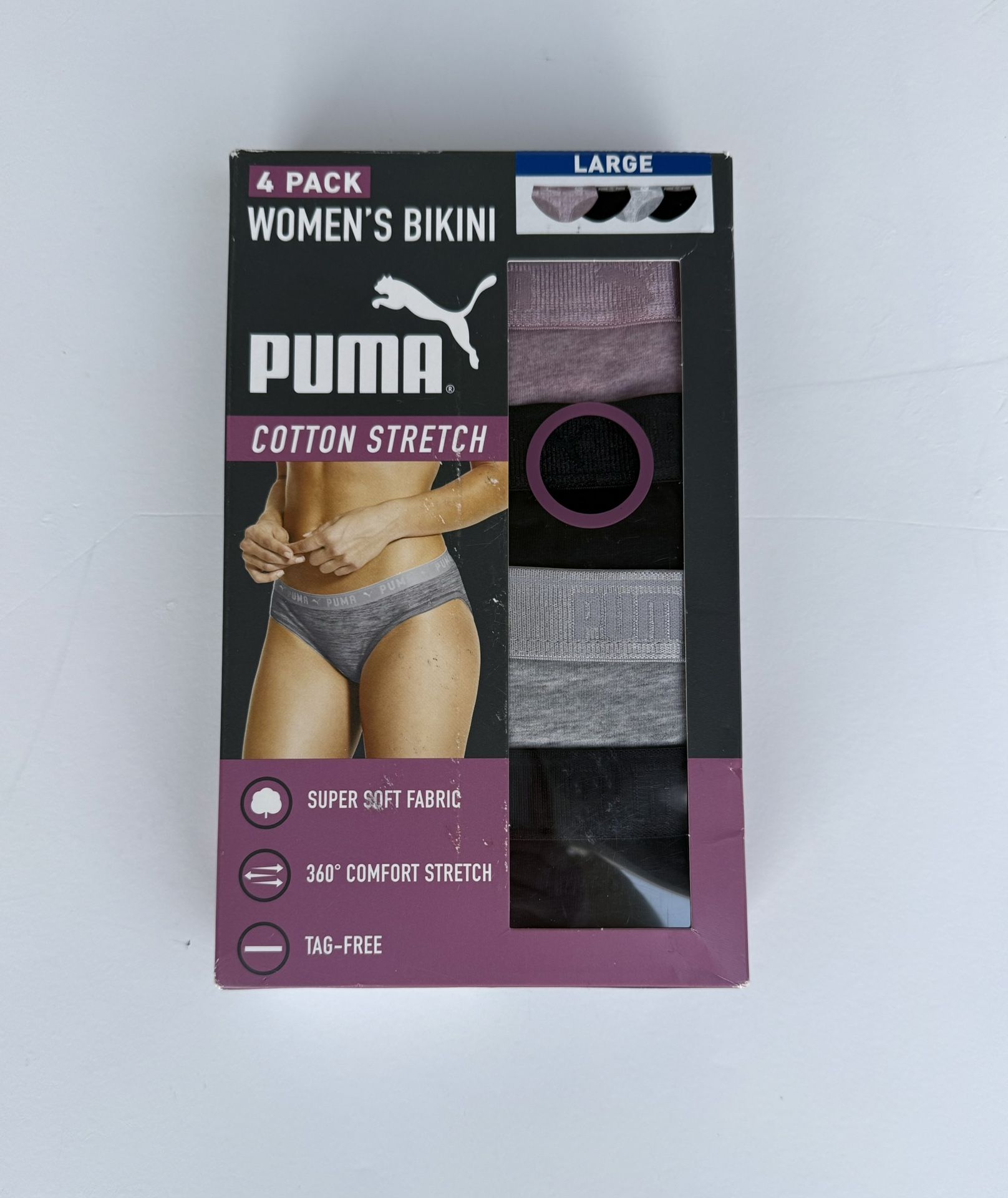 PUMA Women’s 4 Pack Pink Black Gray Bikini Underwear Cotton Stretch Sz Large New