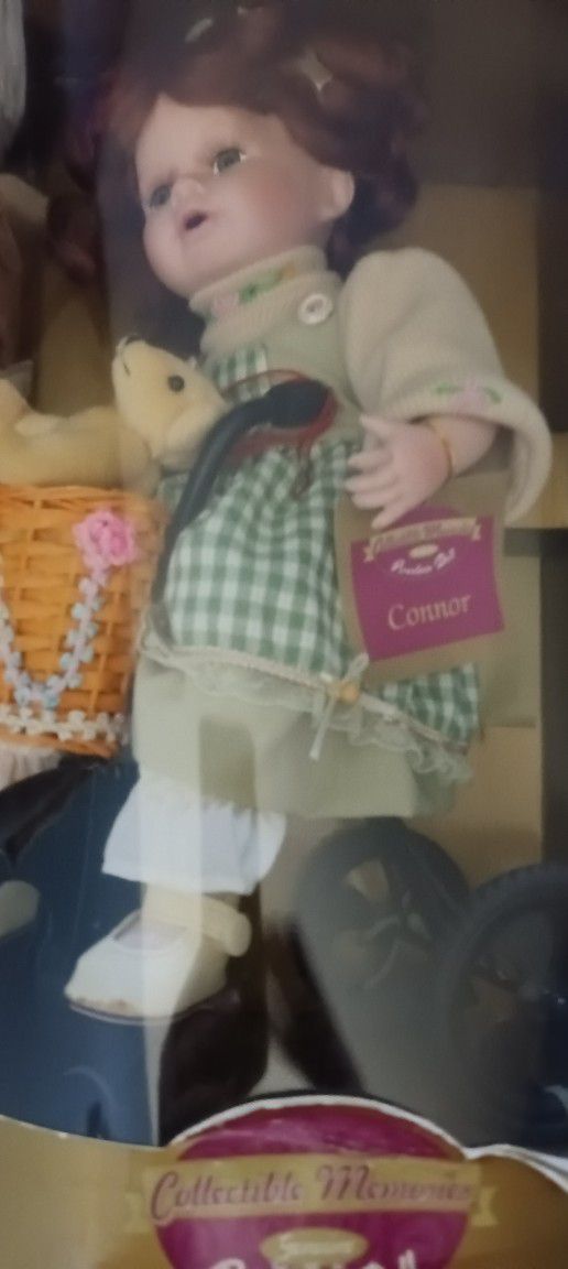 Collectible Memories Genuine Porcelain Doll Connor W/ Tricycle, Basket & Bear $25