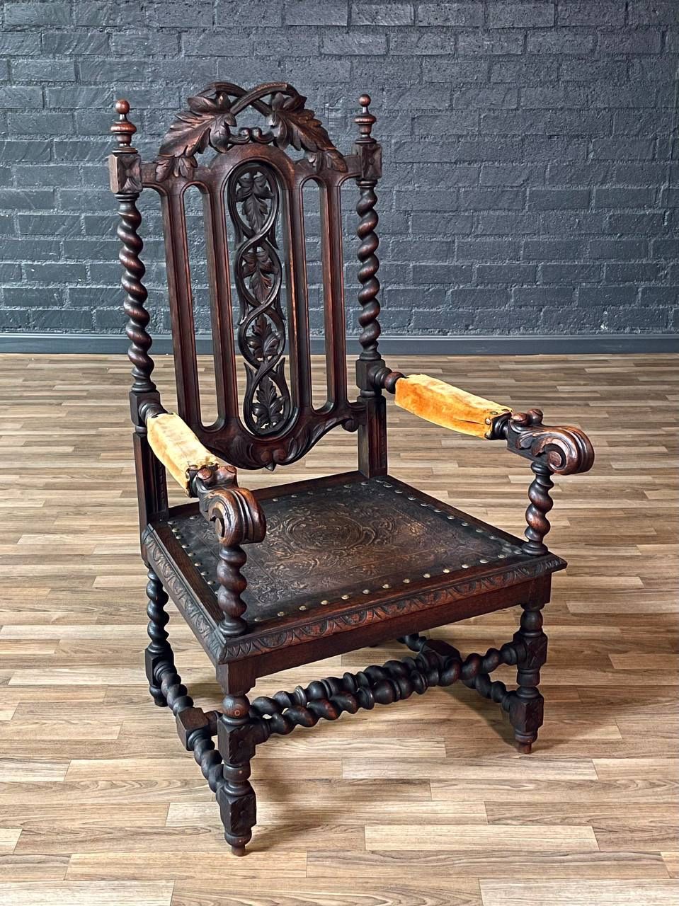 English Baroque Oak & Tooled Leather Armchair w/ Barley Twist Legs c.1910's Delivery Available