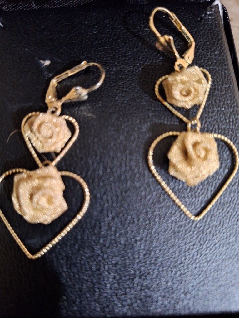 Gold Plated Heart With Rose Clip Earrings