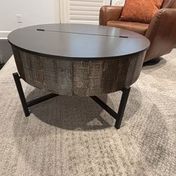 Round Rustic Storage Coffee Table – Solid Wood & Metal Base