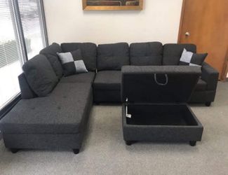 New Sectional Sofa Dark Gray Charcoal Couch Include FREE Storage Ottoman And 2 Pillows 