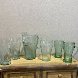 Vintage Coca-Cola Green Glass Pitcher & Glasses Set