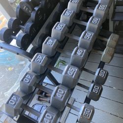 Set Of Steel Hex Dumbbells 40 Lbs To 55 Lbs