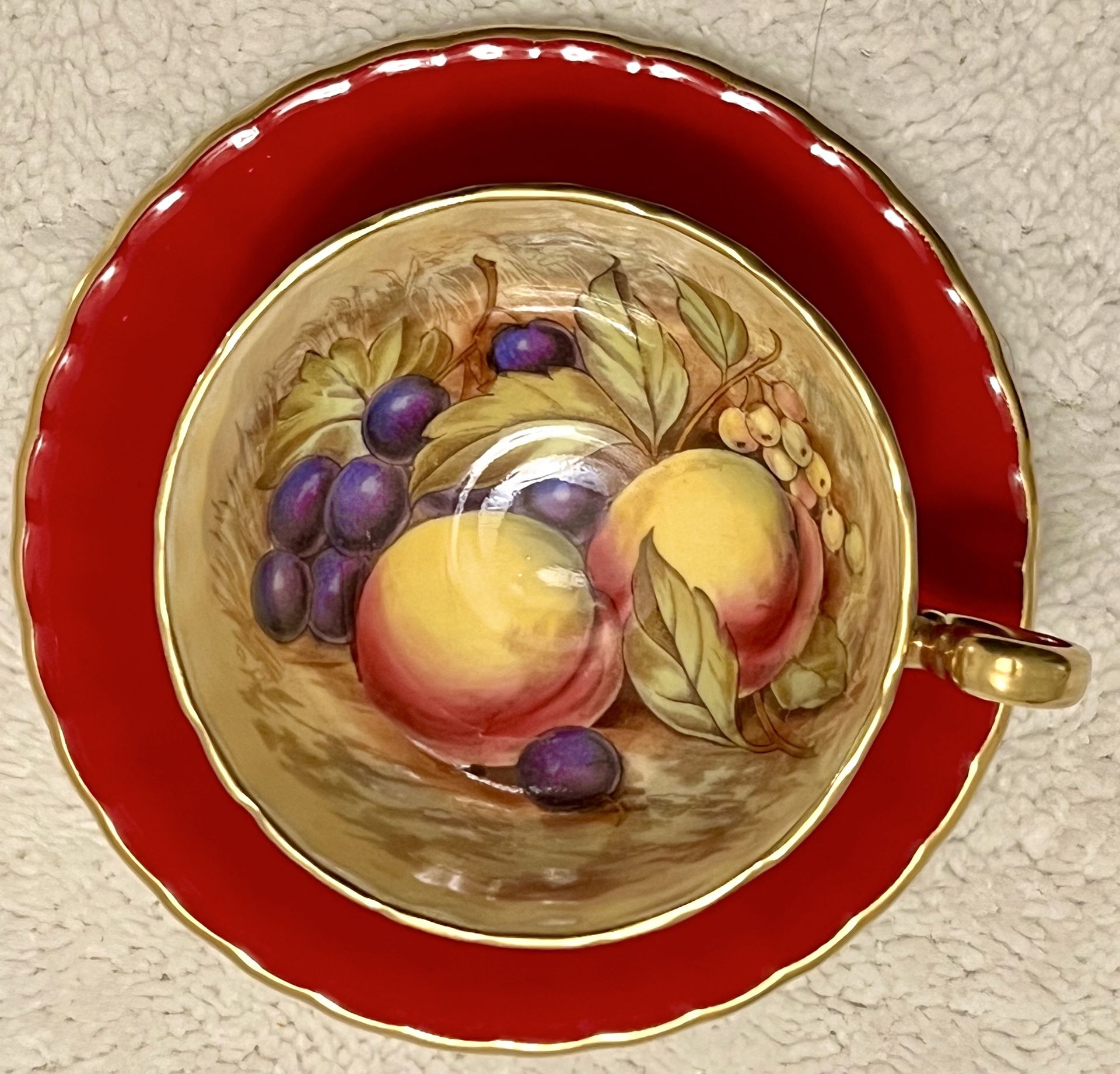 Aynsley Mid-Century 1034 Orchard Fruit England Fine Bone China Peaches Red 24KT Tea Cup & Saucer Set 30s-60s