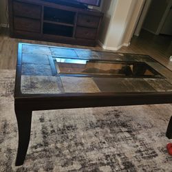 Dark Wood And Real Stone Coffee Table 