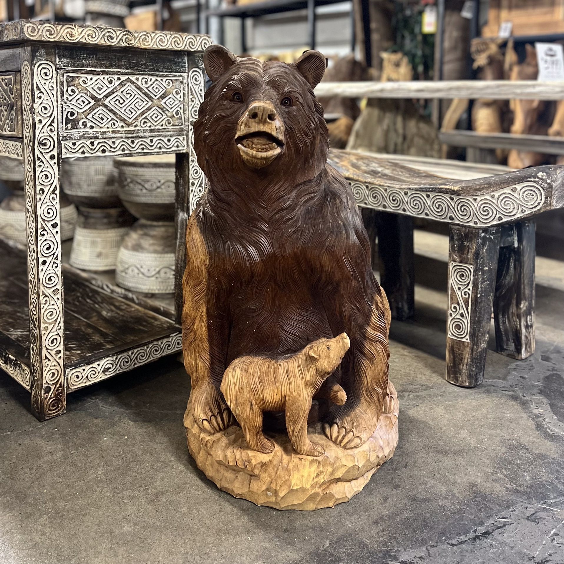 Solid Wood Hand Carved Bear With Cub Sculpture
