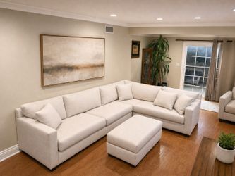Custom-Made Solid Wood Sectional Sofa + Ottoman — LA Made, Like New