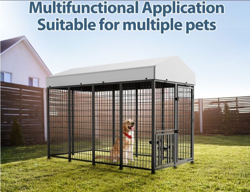 New in box! Large Heavy Duty Covered Dog kennel 8'x6'x4' reinforced irom dog cage w/ Swivel feed door & bowls corral de mascota nuevo
