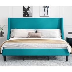 PEACOCK BLUE TURQUOISE FABRIC KING BEDFRAME NEW IN BOX
