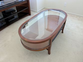 Oval Glass Top Coffee Table with Wood Frame & Lower Shelf