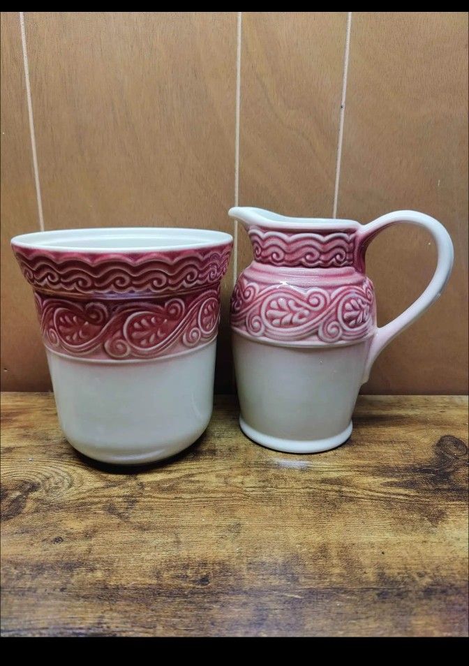 Longaberger Pottery Pitcher & Crock Set - Rare Red Heritage Pattern