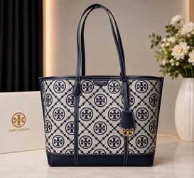 Designer-Inspired Monogram Canvas Tote Bag – Navy & Beige