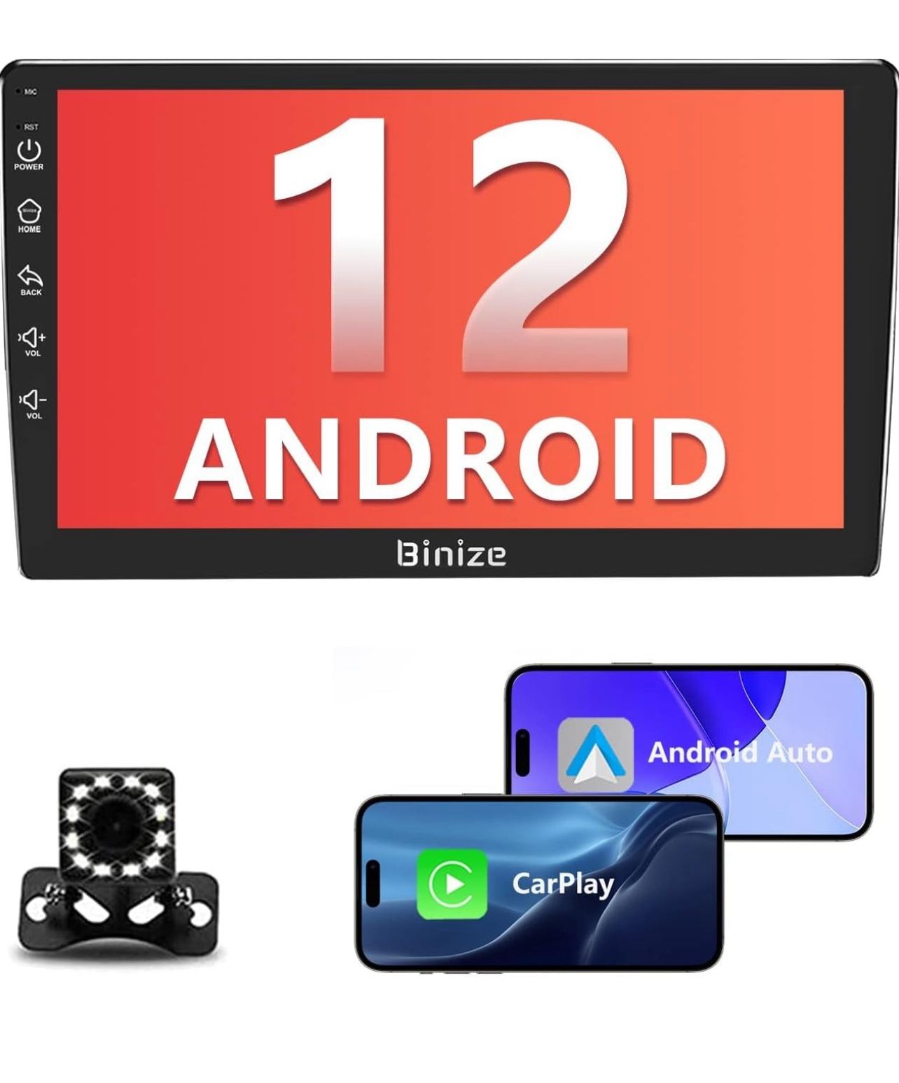 Binize Double Din Car Stereo Android 12 System 10.1 Inch Car Radio with Wireless Carplay Android Auto Touch Screen Radio Head Unit Multimedia Player,B
