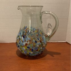 Mexican Hand Blown Pitcher Confetti, Design Recycled Glass With Tag 9 1/2” X 9”  A18